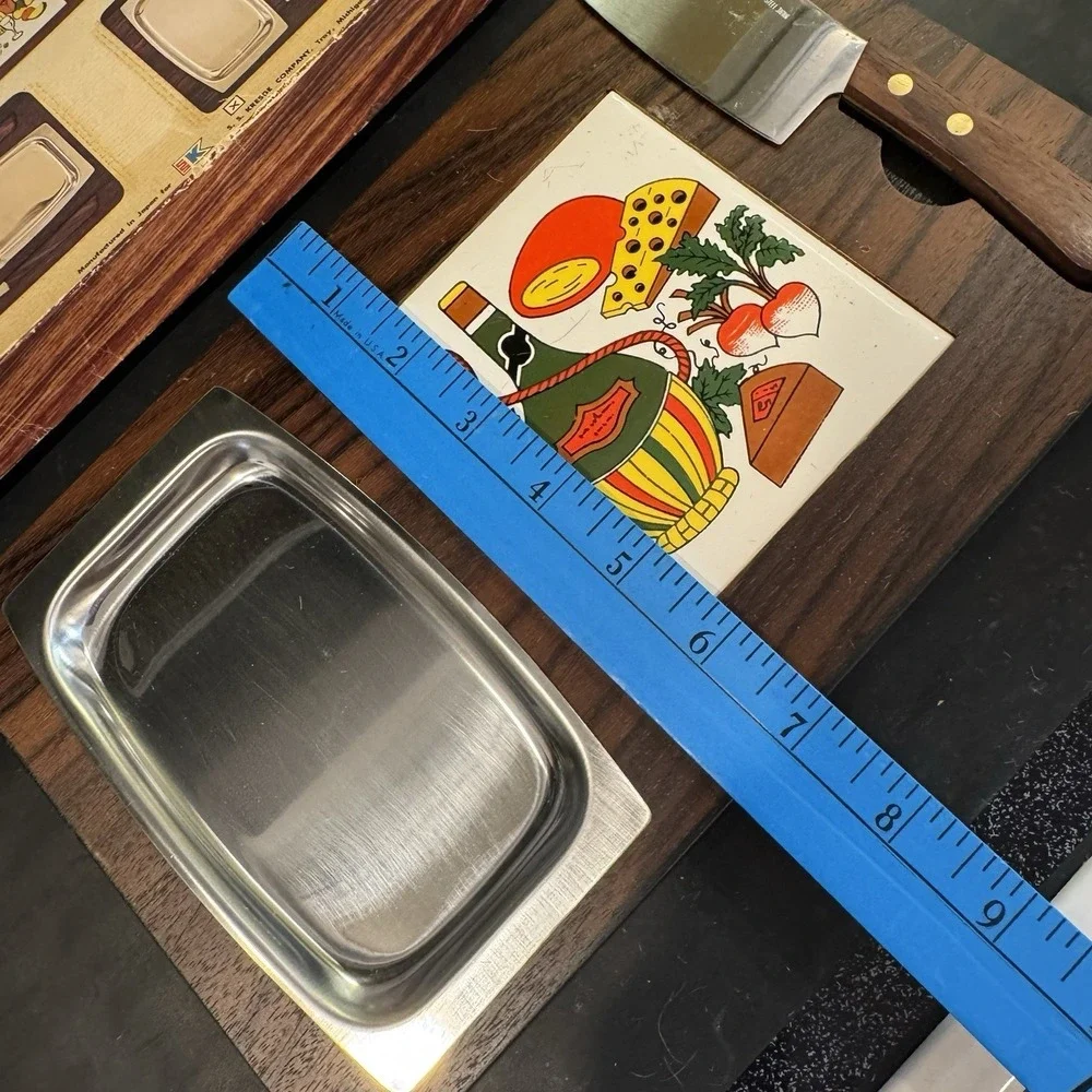 Vintage 1970s Wooden Cheese Board Set with Knife, Tray, and Porcelain Tile‎